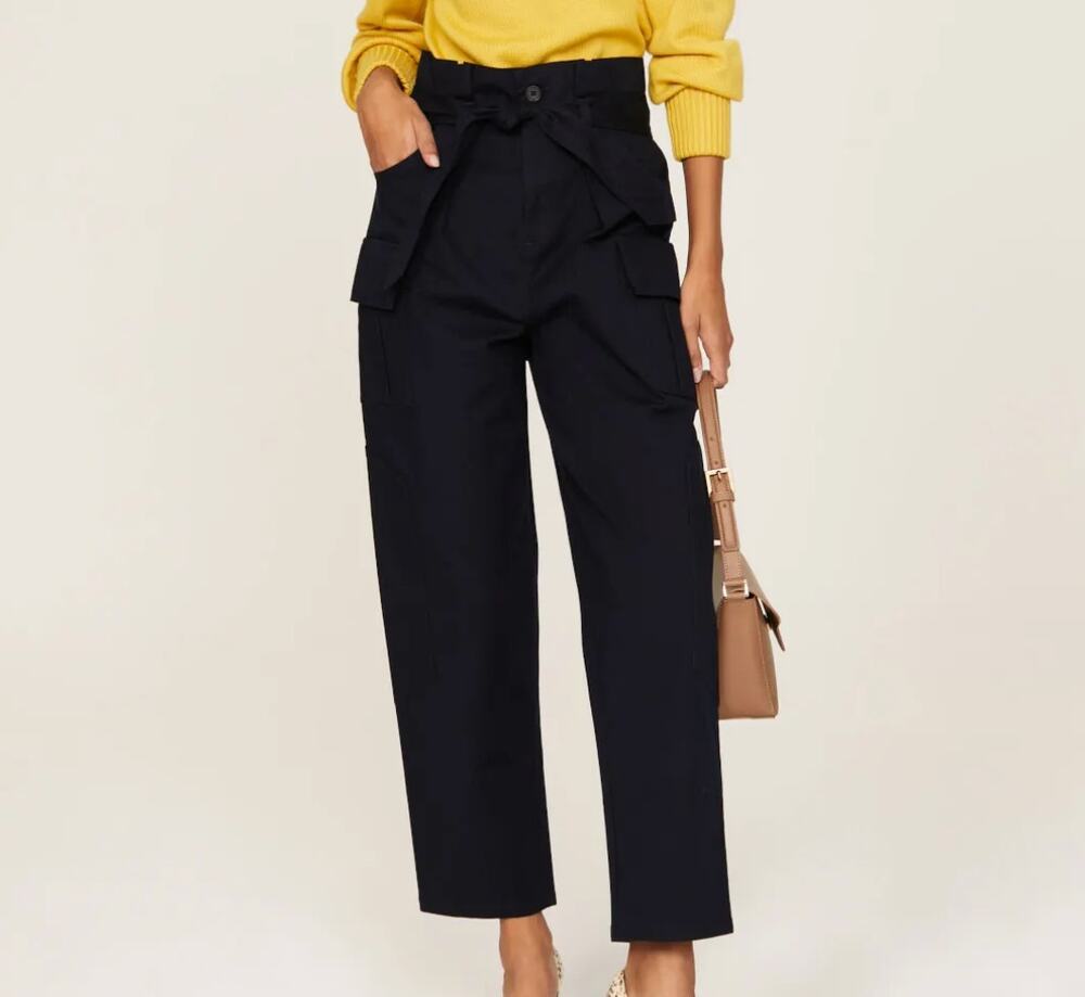 Marissa Webb Blue Baggy Paperbag Cargo Pants SIZE 14 Designer Ankle Cotton $345